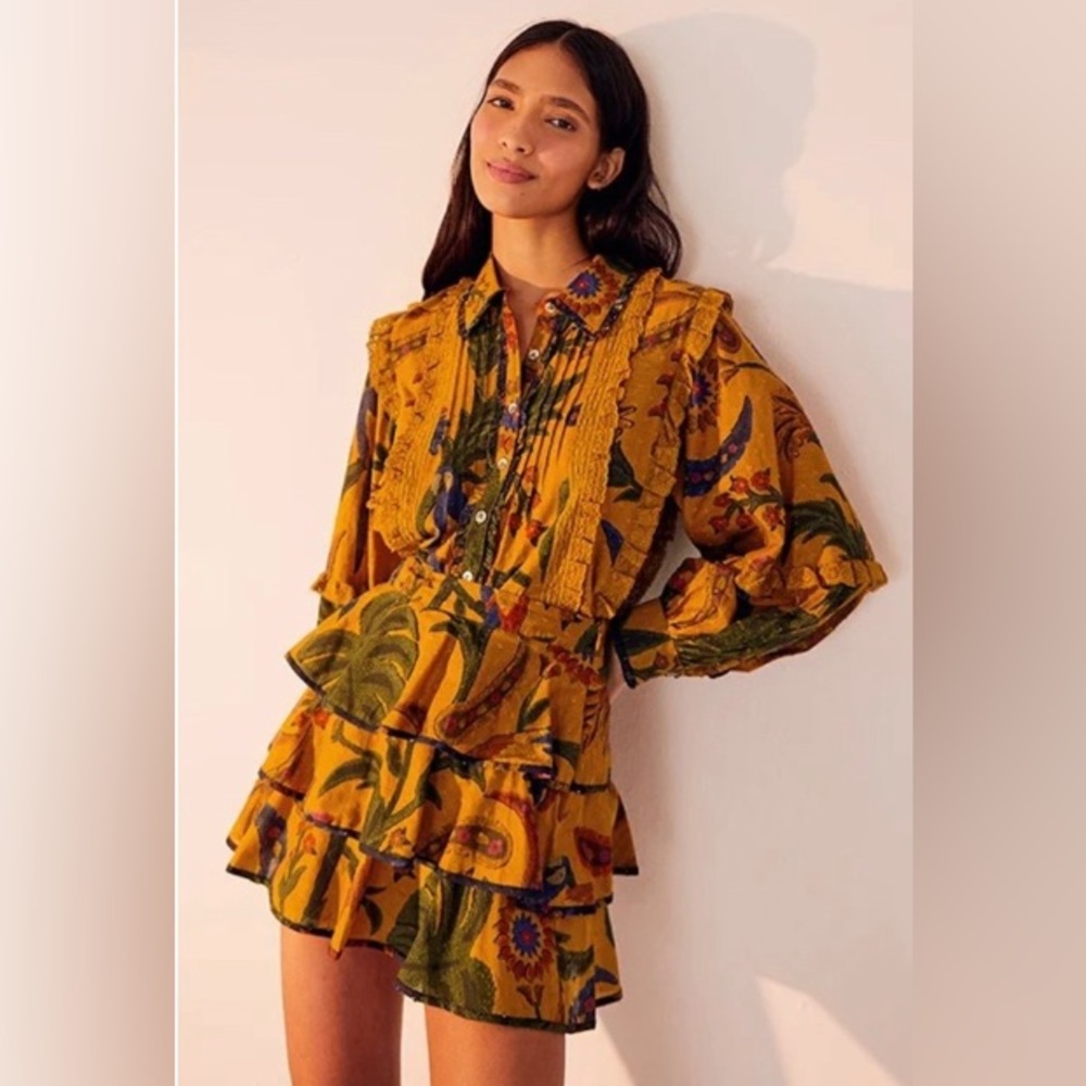 FARM Rio Yellow Tropical Tapestry layered Mini Skirt Size S